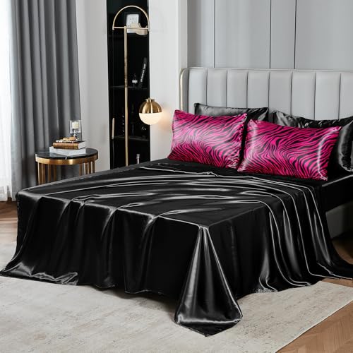 Zebra Print Bedding Set Hot Pink Satin Comforter with Sheets Zebra Stripe Animal Print Africa Wildlife Theme Silk Like Silky Bed in A Bag Black Pink Comforter Sets Bedorm