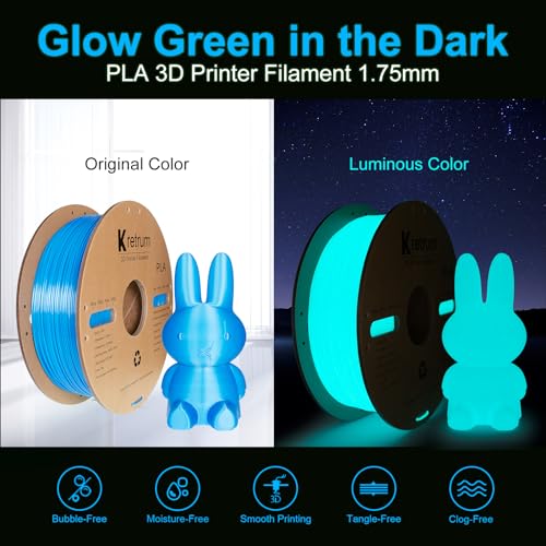 Kretrum 3D Printer Filament Glow in Dark PLA 1.75 mm Dimensional Accuracy +/- 0.02 mm 1 KG 2.2 lbs Neatly Shiny Spool Widely Suitable for Most FDM 3D Printer Glow in The Dark Blue Kretrum