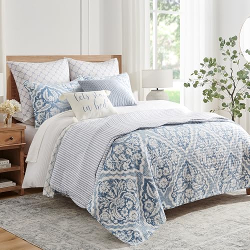 Levtex Home - Martha Stripe Quilt Set - Full/Queen Quilt and Two Standard Shams - Stripe - Blue White - Quilt (88x92in.) and Shams (20x26in.) - Reversible - Cotton Levtex Home