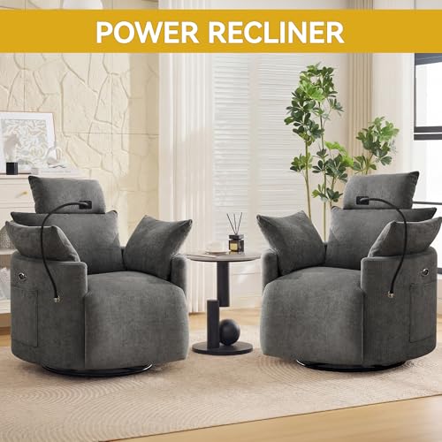 Power Recliner Chairs, 360° Swivel Rocking Chair Nursery with USB/Type-C & Phone Holder, Gilder Reclining Chair with Side Pocket for Adults, Barrel Recliners for Living Room, Chenille Dark Grey