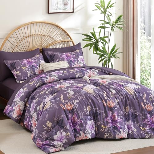 Drucon Floral Comforter Set King Size 7 Piece, Purple Flower Bed in a Bag, Elegant Floral Comforter with Sheet Set, Soft Microfiber Bedding Set for All Season Drucon