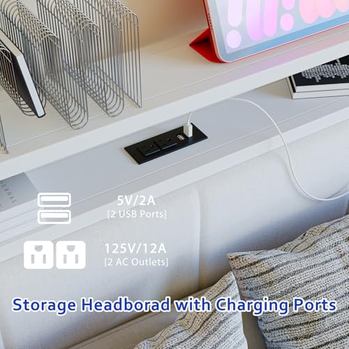 VECOCHO Full Size Bed Frame with LED Lights,Upholstered Headboard with Storage Shelves&Charging Station, Heavy Duty LED Bed Frame Full Mattress Foundation No Box Spring Needed, Noise Free,White VECOCHO