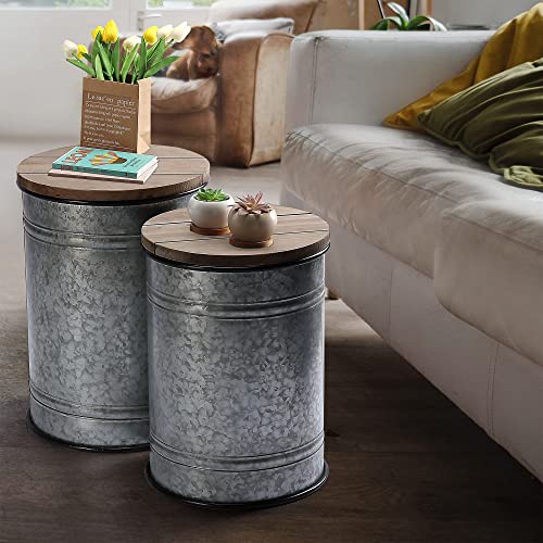 Rustic Storage Ottoman Seat Stool, Farmhouse Accent Side Table, Antique Galvanized Metal End Table Box Bin with Round Wooden Lid Set of 2 (Galvanized) Rustee
