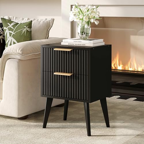 YAUKOMEL Black Night Stand,Modern Bedside Table,Small Nightstand with 2 Drawers,Fluted Side Table with Wood Legs,Mid Century End Table for Bedroom,Small Space,Black 11.8" D x 16" W x 22.4" H CTG55BK YAUKOMEL