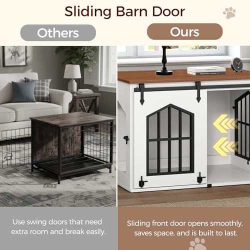 MAHANCRIS Dog Crate Furniture, 31.5" Farmhouse Dog Kennel with Sliding Barn Door, Wooden Dog Cage for Small Medium Dogs, Decorative Pet House Side End Table, Chew-Resistant, White and Walnut DCBA9601 MAHANCRIS