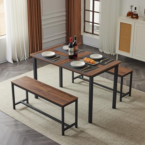 VINGLI 63" Expandable & Foldable 3-Piece Dining Table Set with 2 Benches, Seats 4-6, Space Saving, Ideal for Home, Kitchen, Apartment, Walnut VINGLI