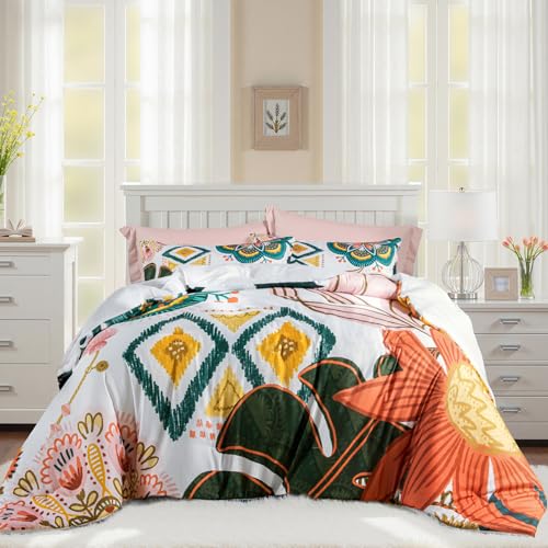 Tyrot Boho Floral King Comforter Set - 3 Piece Farmhouse Botanical Bedding Comforter Sets for All Season Soft Lightweight Mid Century Modern Bed Set, (1 Reversible Comforter and 2 Pillow Shams Tyrot