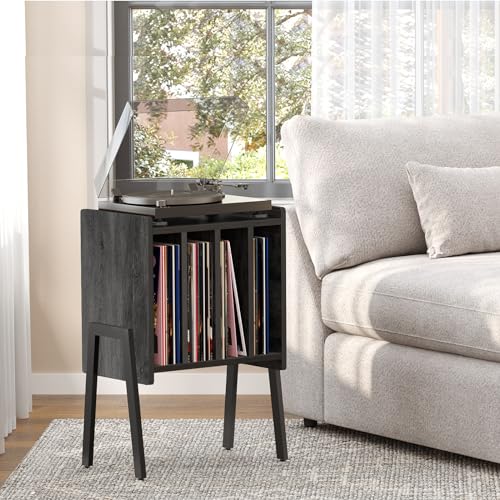TUTOTAK End Table with Vinyl Holder Display Shelf, Record Player Stand, Record Storage Table, Side Table, Turntable Stand, Nightstand, Charcoal Grey TB01BY045 TUTOTAK
