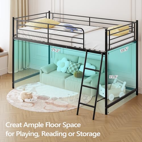 JOYMOR Low Loft Bed with Inclined Ladder, Metal Twin Size Bed Frame with 15” High Guardrail for Boys Girls, Junior, Space Saving, Mattress Not Included (Black) JOYMOR