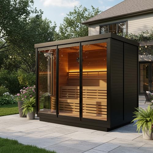 AURGOD Customize Outdoor Red Cedar Steam $ Infrared Saunas 3-8 Person, Wood Burning Stove or ETL Harvia Heater, Dual System Sauna 220V, with Rock, Bluetooth Speaker APP Control(0-195℉) AURGOD