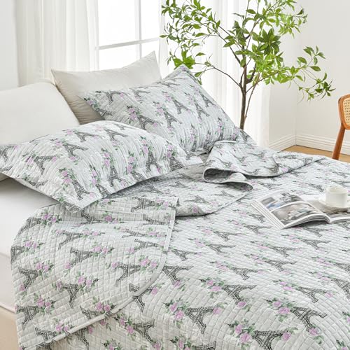 HollyHOME Eiffel Tower 2 Pieces Twin Size Quilt Sets with Pink Floral on Gray Design Bedspread Bed Cover, Includes 1 Quilt, 1 Pillow Sham (Twin, 68"x88") HollyHOME