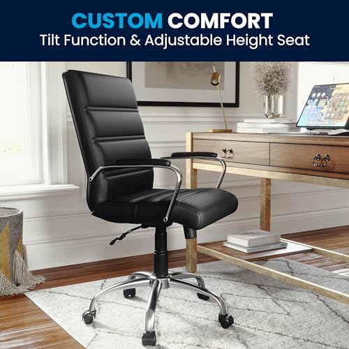 Flash Furniture Whitney Mid-Back Swivel LeatherSoft Desk Chair with Padded Seat and Armrests, Adjustable Height Padded Office Chair, Black Flash Furniture
