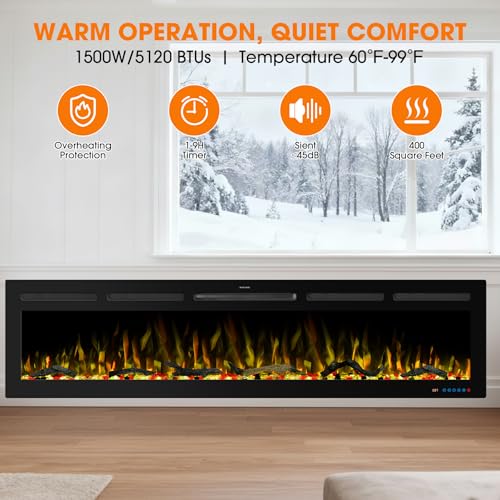 74" WiFi Smart Electric Fireplace Insert - Recessed & Wall Mounted Fireplace Heater with 13 Flame Colors & 6 Brightness Levels, APP/Touch/Remote Control, Timer, Crystal & Charcoal Decor, 750/1500W Vaczon