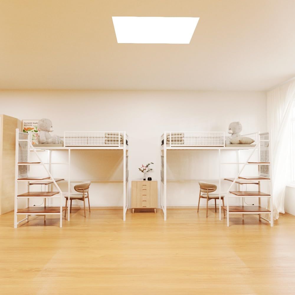 LUMISOL Metal Loft Bed Twin Size, Heavy Duty Metal Loft Bed Frame with Desk, Staircase, Charging Station and LED Lighting for Bedroom, Dormitory, White LUMISOL