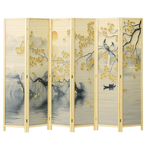 MyGift 6 Panel Large Bamboo Room Divider with Dual Sided Asian Birds Gingko Biloba Tree Sunset Design Print, 6FT Freestanding Artwork Privacy Partition Folding Screen with Beige Solid Wood Frame MyGift