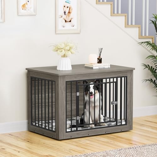 YITAHOME Dog Crate Furniture for Large Dogs, Side End Table, Modern Dogs Kennel Indoor up to 60 lb, 2-in-1 Iron-Wood Fusion Dog Cage with Waterproof Top, Safety Corners, Steel Lock,38" L,Greige YITAHOME