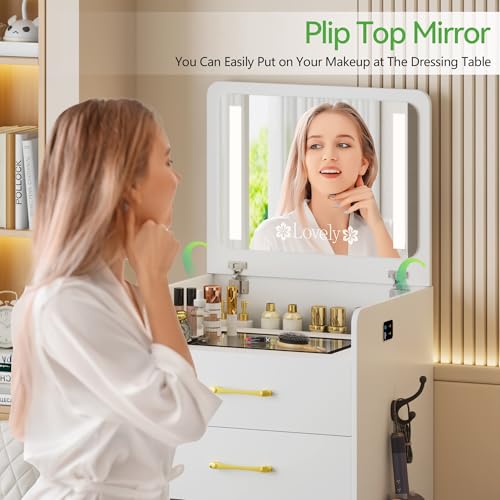 HNEBC 3 in 1 Vanity Desk with Plip Top LED Mirror,Small Dressing Table Set with Visible Glass Desktop,Compact Vanity with 3 Drawers,Storage Compartment and Padded Stool,for Bedroom(White) HNEBC