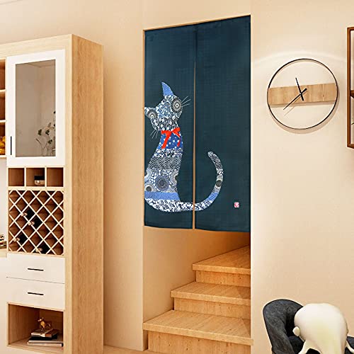 LIGICKY Noren Japanese Style Doorway Curtain Cat with Traditional Chinese Floral Printed Door Tapestry Boho Décor Room Divider Curtains, 33.5" Width x 59" Long Navy Blue LIGICKY