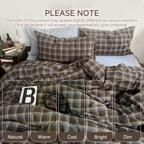 Erwinmu Plaid Duvet Cover Set Queen Size,Brown Blue Gingham Patterned Bedding Set for Girls Boys,Modern Soft Breathable Microfiber Comforter Cover 3 Pieces with Zipper Closure and 2 Pillow Shams Erwinmu