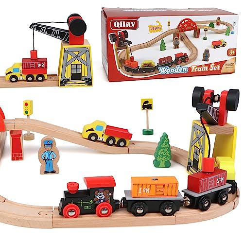 Qilay Wooden Train Set for Toddler - 39 Pcs Wooden Train Tracks with Crane, Bridge & 5 Wooden Trains - Train Toys for 3,4,5 Year Old Boys & Girls - Qilay