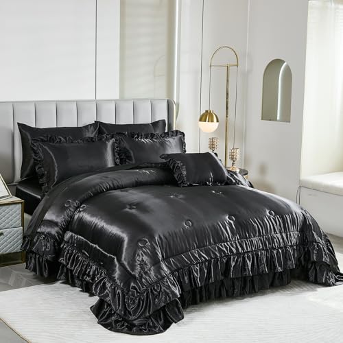 Black Satin Comforter King Size,Ruffle Bedding Set,Silk Like Satin King Comforter Set with Sheets,Silky Black Bedding Bed in a Bag,Soft Smooth Satin Sheets,8 Pcs Ruffled Luxury Comforter Set Bedbay