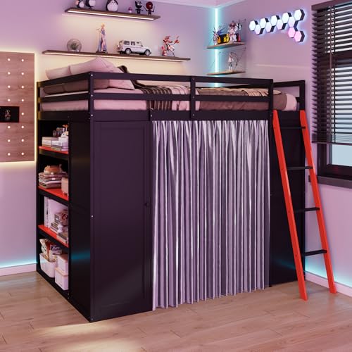 THINK 30 Gaming Loft Bed Full Size with Desk & RGB Lights, Wood Study Bed with Wardrobe,Shelves,Blackout Curtains for Kids Adults, Storage Compartments, Boys Bedroom Furniture (Red Style2) THINK 30