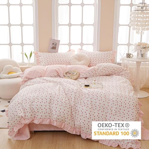 EAVD French Style Garden Pink Floral Comforter Set Full Girls Fluffy Soft Microfiber Chic Shabby Floral Bedding Set with 2 Pillowcases Fresh Ruffled Botanical Comforter Set for All-Season EAVD