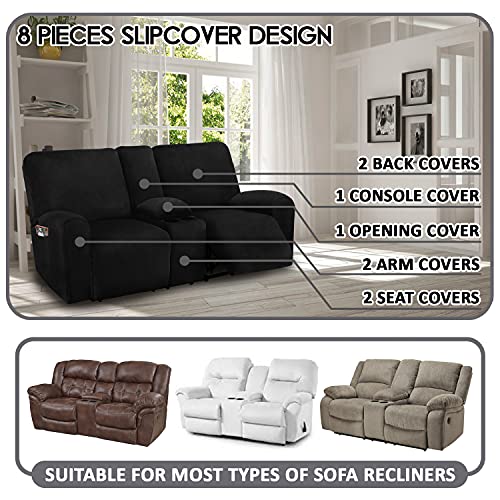 ULTICOR Reclining Loveseat with Middle Console Slipcover, 8-Piece Velvet Stretch Loveseat Reclining Sofa Covers, 2 Thick, Soft, Washable, Covers ONLY (Black) ULTICOR