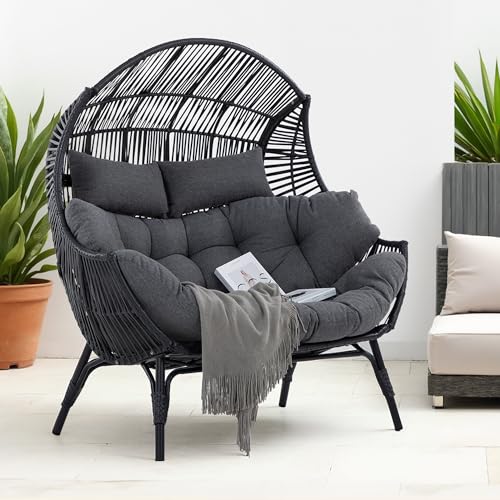IRONCK Double Egg Chair Outdoor, 2 Person Wicker Lounge Chair, Oversized Thickened Padded Cushions and Headrests, 680 Lbs Egg Loveseat for Indoor, Patio, Living Room, Porch, Balcony, Dark Grey IRONCK