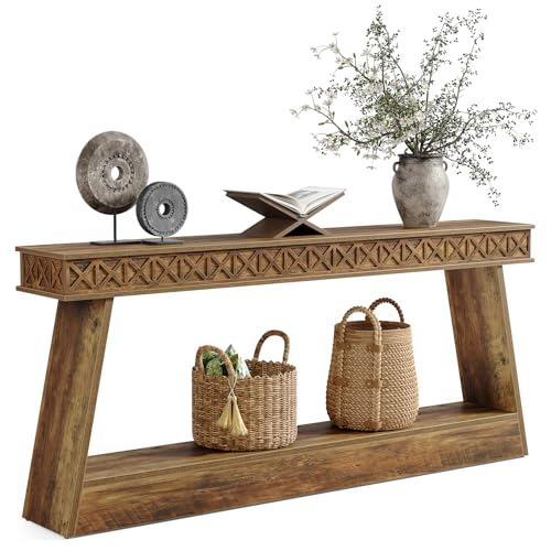 LITTLE TREE 70.87" Long Farmhouse Console Table, 2-Tier Shelf Narrow Accent Entryway Sofa Table for Living Room, Behind Couch, Hallway - Brown LITTLE TREE