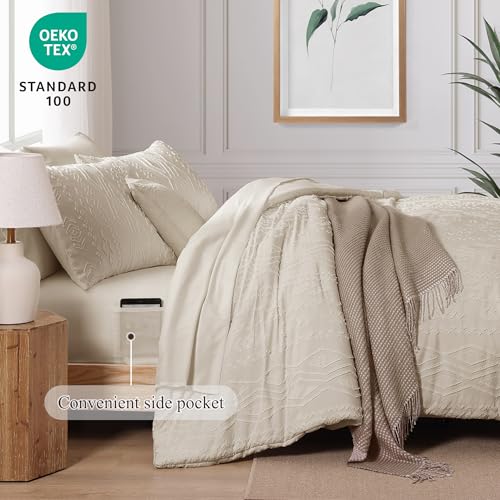 AMBERSPACE Queen Comforter Set Beige, Tufted Boho Bedding Farmhouse Bed Set, All Season 7 Pieces Bed in a Bag with Sheets, Pillowcases & Shams AMBERSPACE
