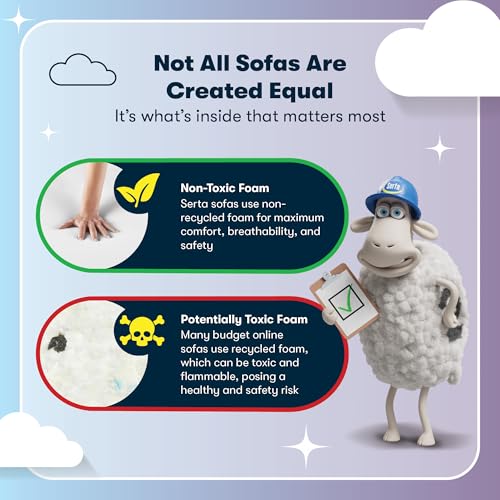 Serta Copenhagen Rolled Arm Sofa, Easy Care Polyester, Soft Pillow Back, Pocket Coil Seat Cushions, Removable Covers, Couch for Small Spaces, Living Rooms or Bedrooms, 61" Loveseat, Tan Serta