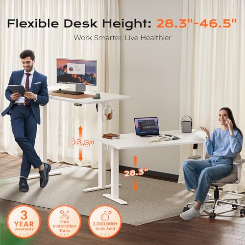 Huuger 55 x 28 Large Electric Standing Desk, Height Adjustable Copmuter Desk, 27.6" Deep Desktop, Stand up Gaming Office Table with 2 Hooks, 3 Preset Heights, for Home Office, White Huuger