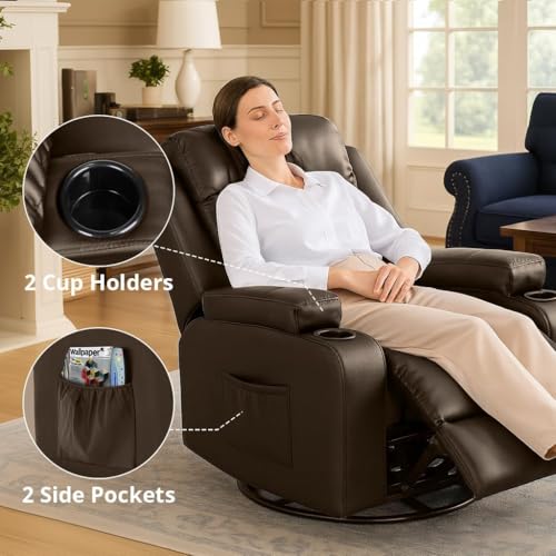 COMHOMA Recliner Chair,PU Rocking Chair for Adults,Swivel Recliner with Cup Holders,Single Sofa Seat with Side Pockets for Living Room,Bedroom(Brown)