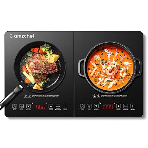 Double Induction Cooktop AMZCHEF Induction Cooker 2 Burners, Low Noise Electric Cooktops With 1800W Sensor Touch, 20 Temperature & Power Levels,Independent Control,3-hour Timer, Safety Lock amzchef
