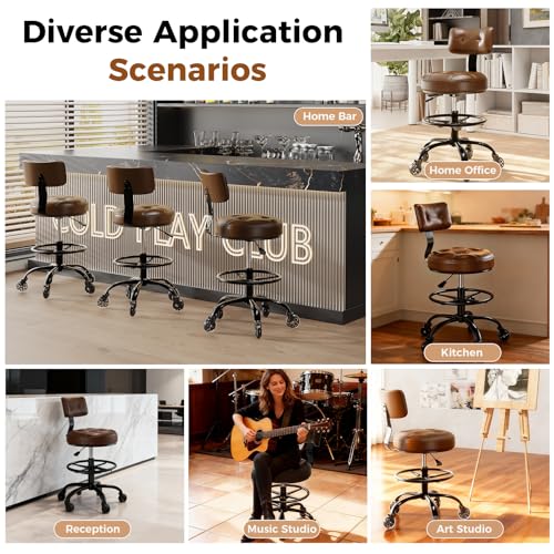Office Drafting Chair with Footrest, Tall Height Adjustable Stool with Back Support, Heavy Duty Rolling Stool Chair with Wheels for Office Home Kitchen Bar Shop Guitar Studio Medical Vanity(Brown) FREEKYROCK