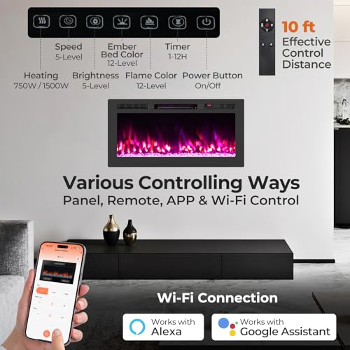 Tangkula 36 inches Smart Electric Fireplace,Recessed & Wall-Mounted 1500W Fire Place with 12 Flame & Ember Bed Colors, 12H Timer, Remote & APP Control, Alexa & Google Assistant Compatible Tangkula
