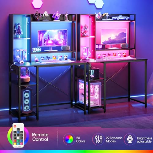 HOOBRO Computer Desk, Gaming Desk with LED and Outlets, Home Office Desk with Monitor Stand and Adjustable Shelf, Small Gaming Table with CPU Stand for Home Office, Small Space, Black BB100UDDN01 HOOBRO