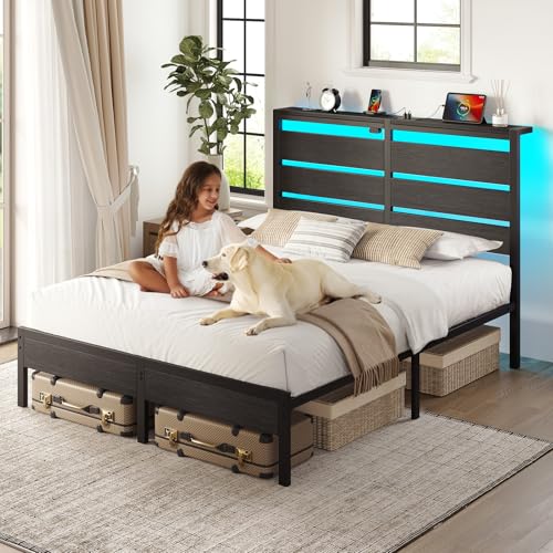 Rolanstar Queen Bed Frame with LED Lights and Charging Station, Wood Storage Headboard and Under Bed Storage, Metal Platform, Noise Free, No Box Spring Needed, Balck Oak Rolanstar