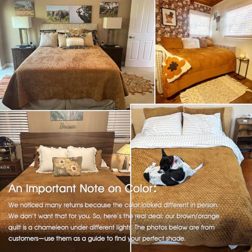 Powdion Velvet Quilt King Size,Bedspread Quilted Bedding Set,Luxurious Soft Coverlet Set Lightweight Velvet Comforter with Pillow Shams Brown, 96x106 Cross Stitch Striped Quilt Set Powdion