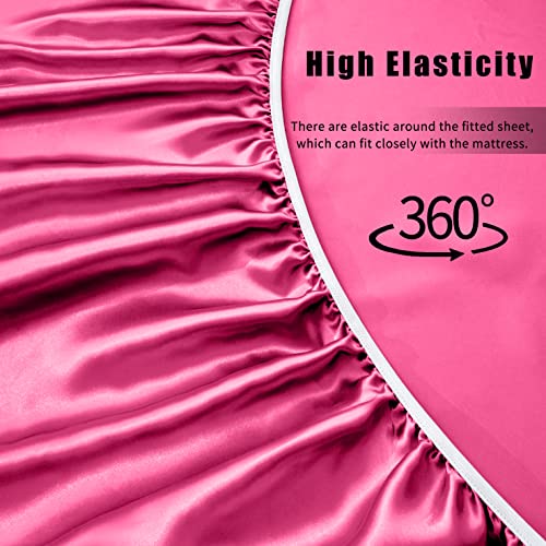 VACVELT 4pcs Hot Pink Satin Sheets Queen Size Bed Set, 15 Inch Deep Pocket Silky Satin Sheet Set, Soft Satin Bedding Set Cooling & Luxury Bed Sheets, 1 Fitted Sheet + 1 Flat Sheet + 2 Pillowcases VACVELT