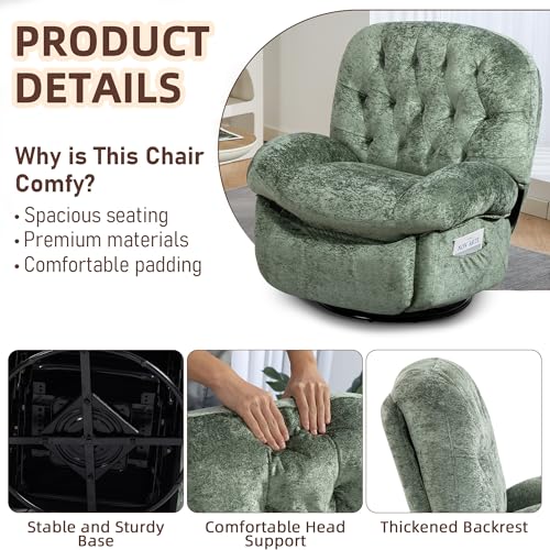 AISALL Recliner Chair for Adults, 360° Swivel Manual Recliner with Side Pocket, Nursery Rocking Chair with Comfortable Chenille Arms and Back for Living Room, Bedroom, Reading (Green)
