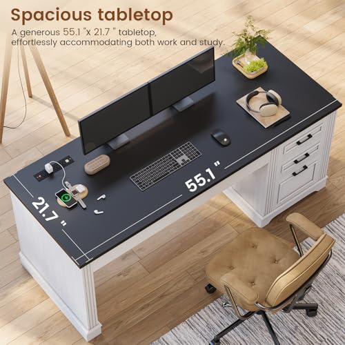 Itaar Farmhouse 55" Executive Desk, Computer Desk with Storage Drawers and Power Outlet, Home Office Desk, Workstation for Office Home, White Itaar