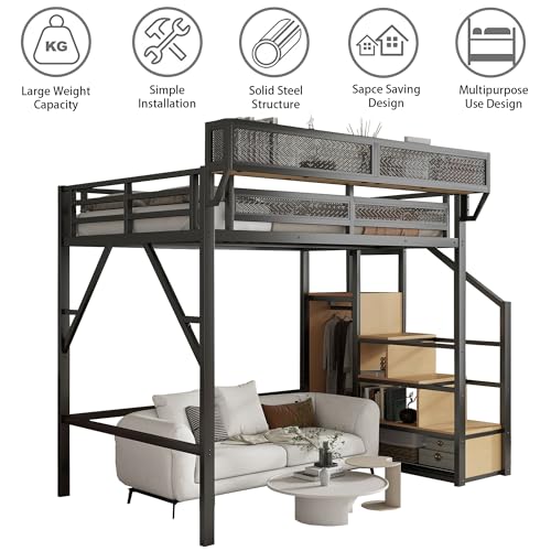 Mirightone Metal Full Size Loft Bed with Stairs,Heavy Duty High Loft Bed Full with Storage Upper Shelf and Wardrobe for Adults Teens, No Box Spring Needed, No Noise, Black Mirightone