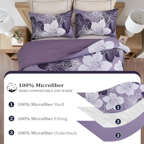 Menghomeus Queen Comforter Set Dark Purple Floral Bedding Comforter Sets - Soft Microfiber Bed Comforter Set for All Season, 3 Piece Botanical Flowers Comforter, Pillowcases Menghomeus
