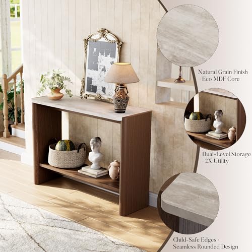 COSIEST 43.3" Farmhouse Console Table for Entryway, 2-Tier Sofa Table with Faux Stone Grain Top, Slim Accent Table for Hallway, Behind Couch, or Living Room, Brown Wood Look COSIEST