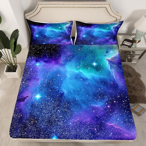 Feelyou Galaxy Sheet Set King Size Out Space Bedding Blue Nebula Universe 100% Microfiber Deep Pockets Bed Sheets 4 Pcs - 1 Falt& 1 Fitted Sheets with 2 Pillow Shams Feelyou