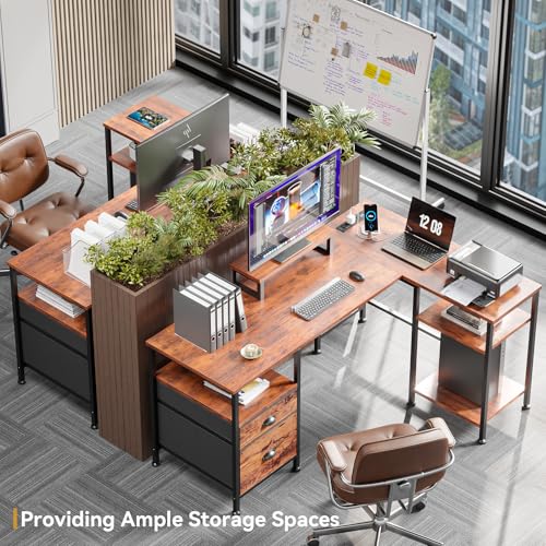 Furologee L Shaped Computer Desk with Power Outlet, Reversible Home Office Desk for Work Study, 50 Inch Corner Gaming Table with File Drawer, Monitor Stand, Storage Shelves, Rustic Brown Furologee