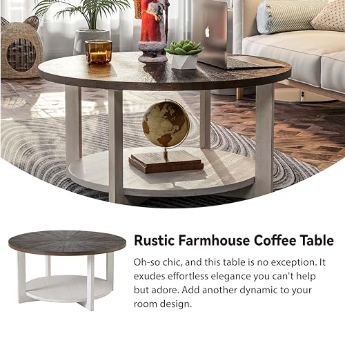 COZAYH Round Wood Coffee Tables with Storage, Rustic Farmhouse Coffee Table with Distressed Wood Top, Large Circle Table for Living Room, Brown, 32Dx32Wx19.5H in COZAYH
