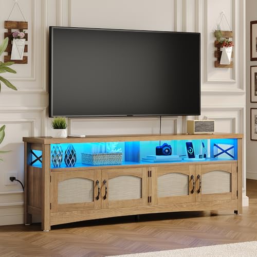 DWVO Farmhouse TV Stand for Living Room, Boho Entertainment Center for Bedchamber w/2 Rattan Cabinets, Television Stand w/Storage Large Media Console Table for TVs up to 50 55 60 65 Inch (Oak) DWVO